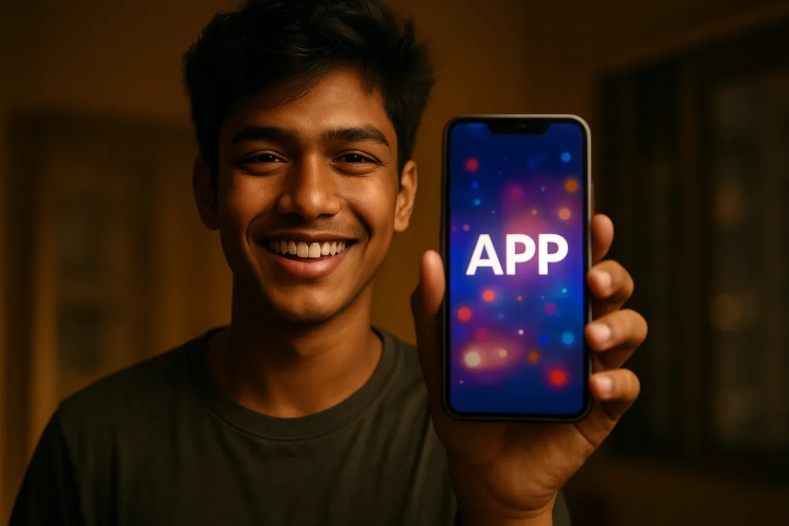Young Bangladeshi man smiling, holding smartphone with colorful APP screen