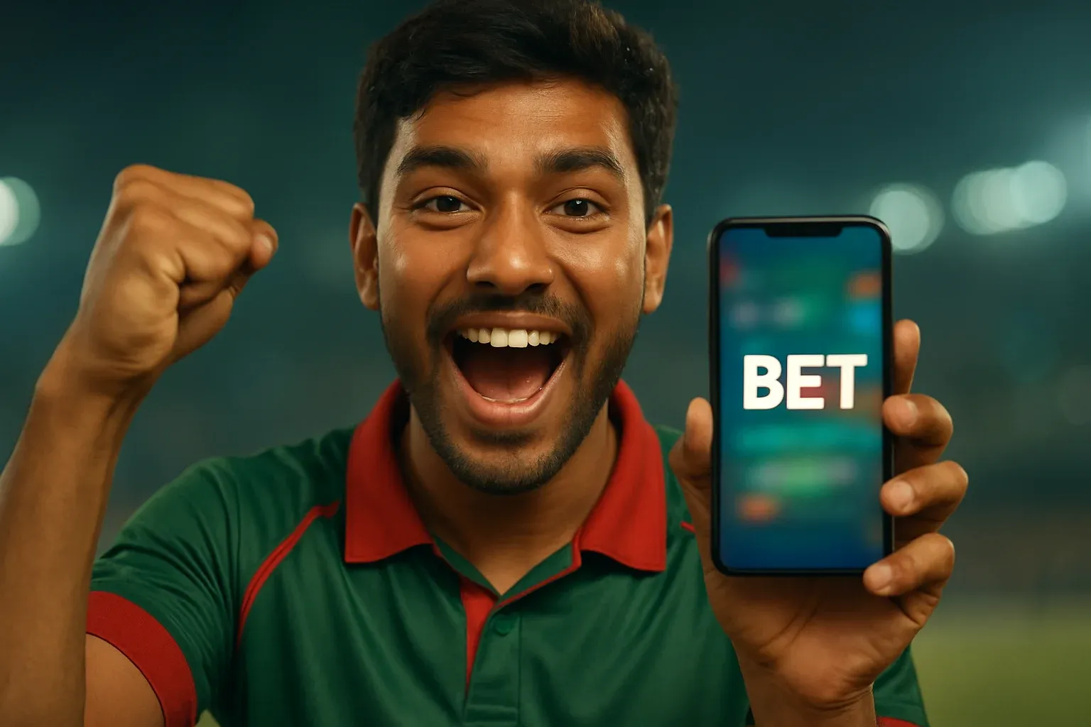 Excited Bangladeshi man holding phone with BET sports betting screen