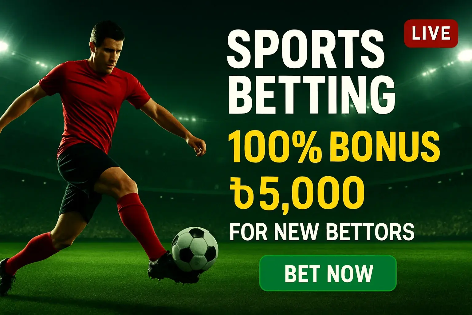 Sports betting banner with footballer, stadium, bonus offer, and bet button