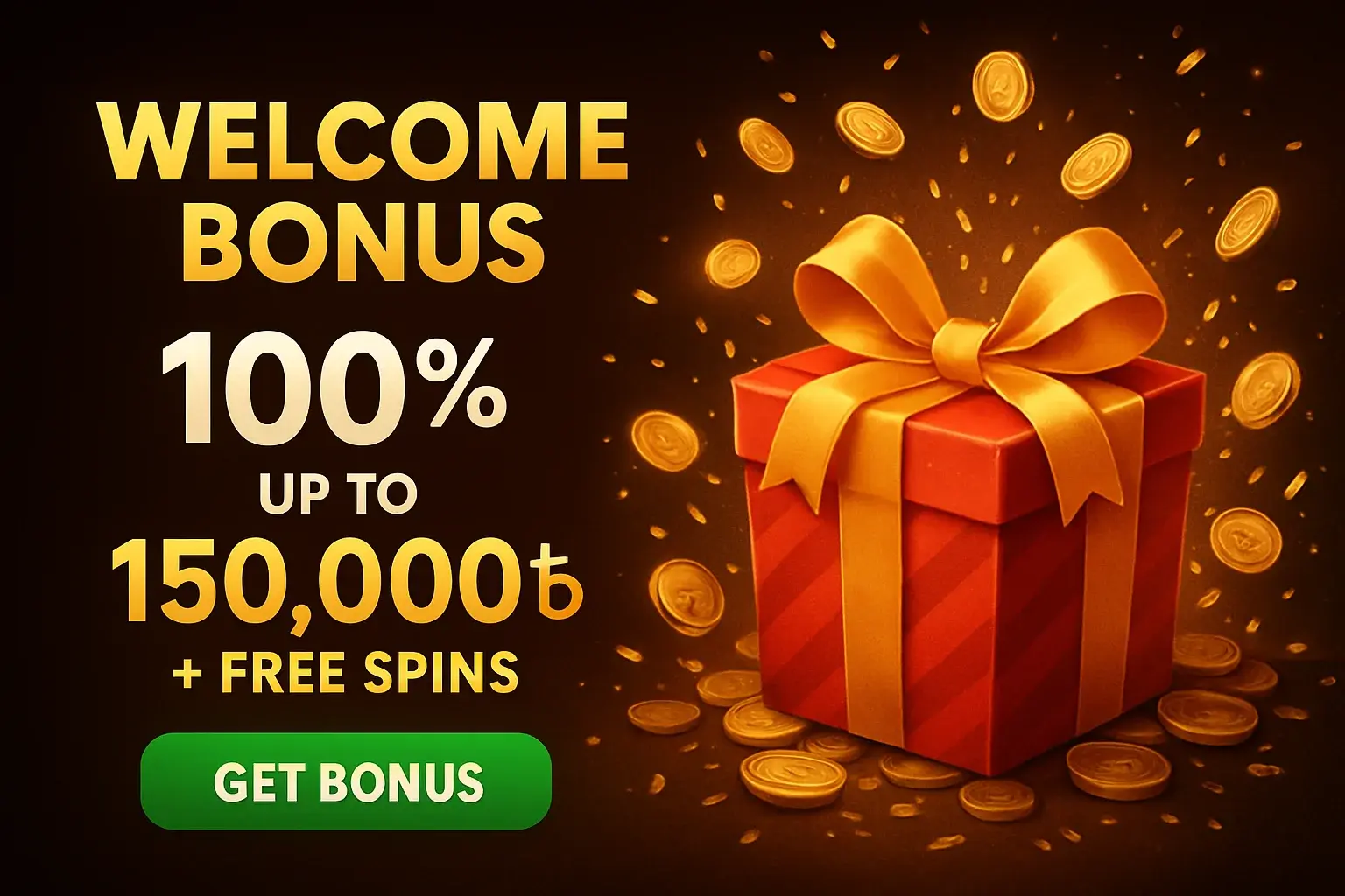 Casino welcome bonus banner with gift box, coins, confetti, and CTA