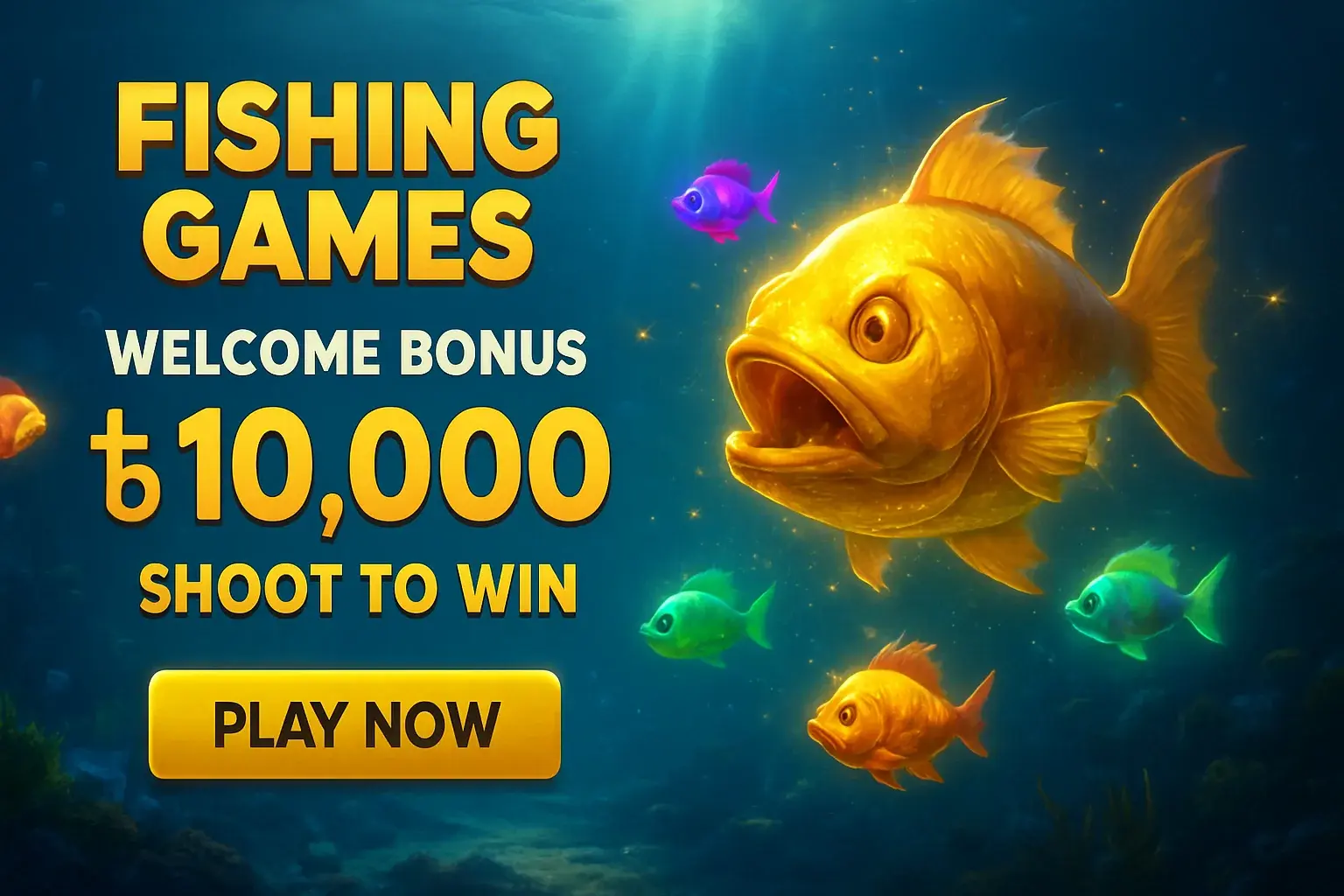 Fishing arcade banner with boss fish, bonus offer, and play button