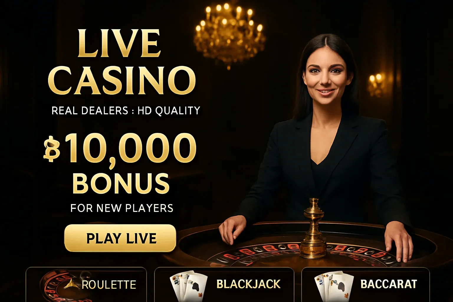 Live casino banner with female dealer, roulette, gold lighting, Bangladesh bonus