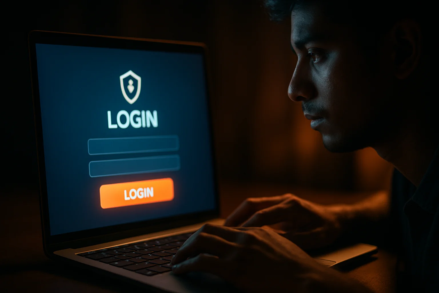 Young Bangladeshi man's hands on laptop showing LOGIN sign-in screen