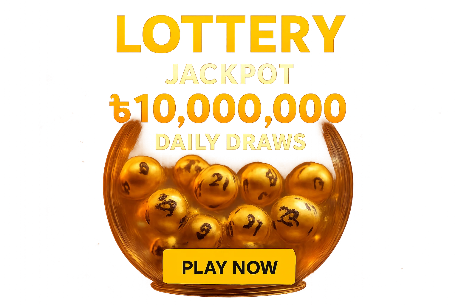 Festive lottery banner with golden balls, draw machine, jackpot, and play button