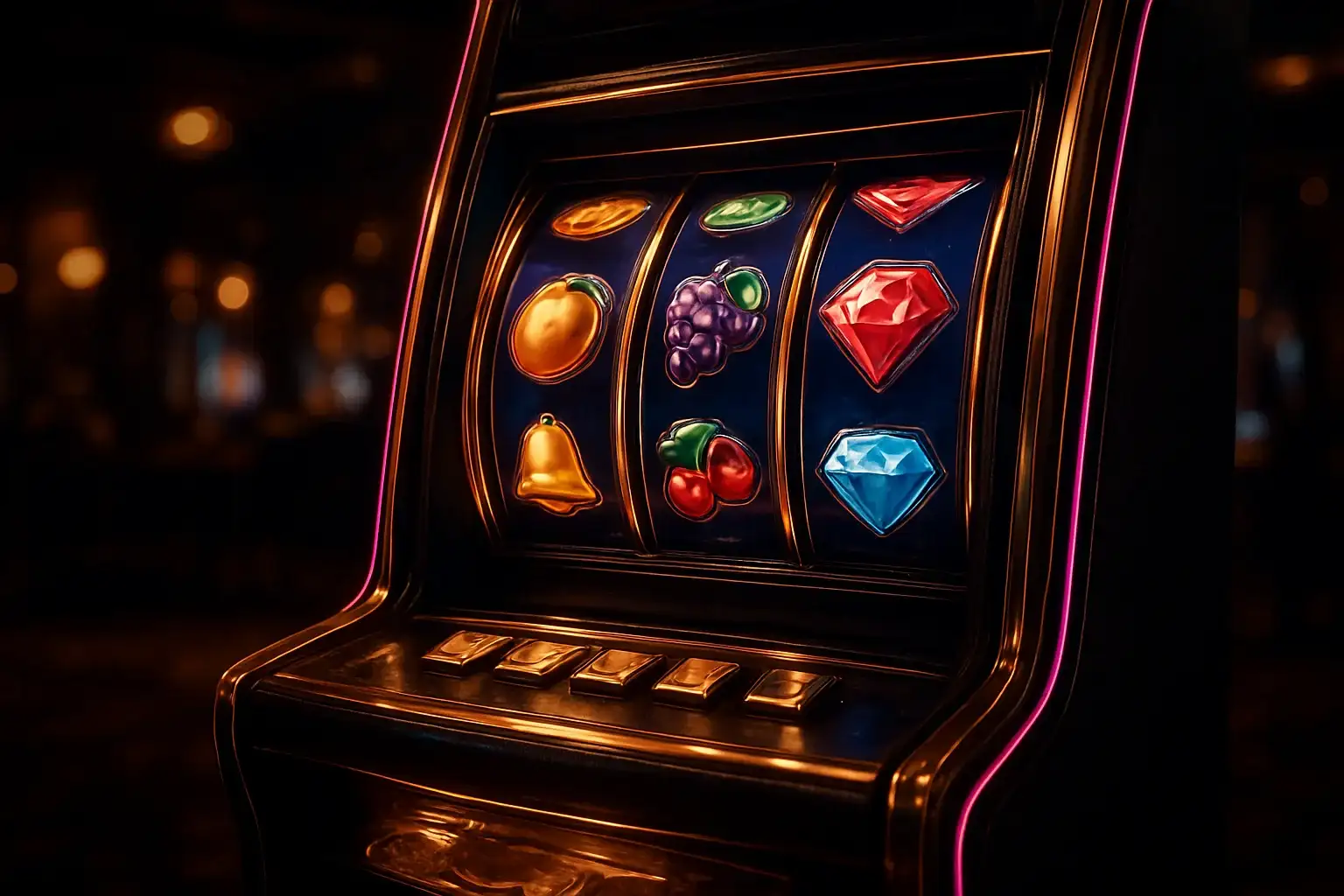 Premium slot machine with glowing reels in a dark luxury casino
